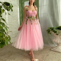 girl prom dresses with 3d flowers a line tea length tulle spaghetti strap pink garden party gown with pockets