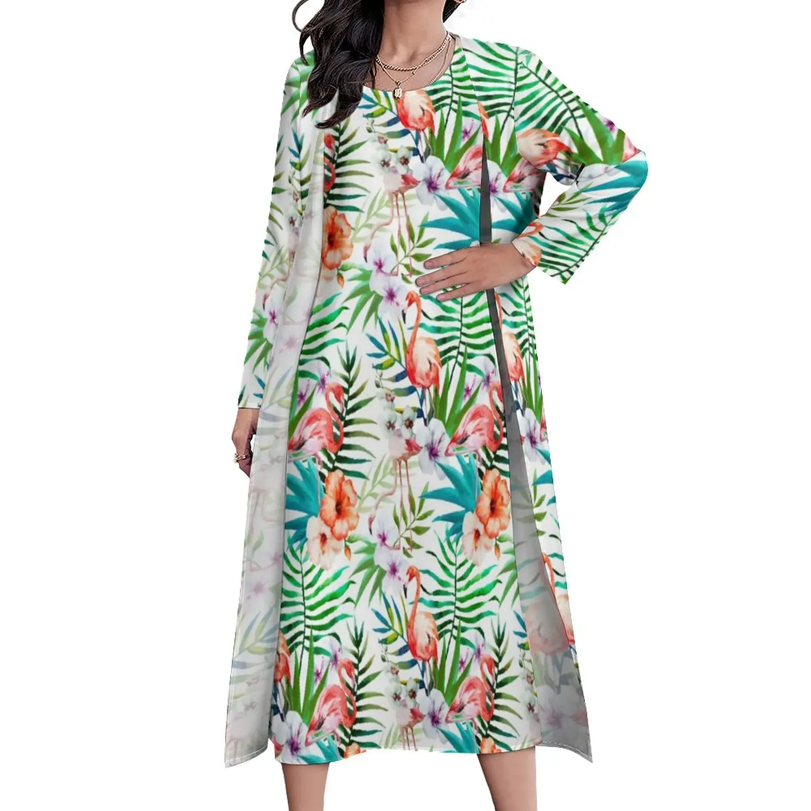 

Tropical Pink Flamingo Dress Autumn Botanical Flower Print Street Wear Boho Beach Long Dresses Womens Graphic Elegant Maxi Dress