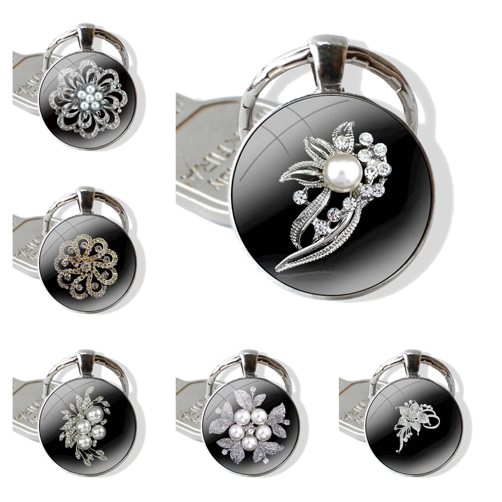 

Fashion Bridal Bouquet Flower Pattern Pendant Car Key Chains Handmade Glass Cabochon Keychain Cartoon Fashion Creative Design