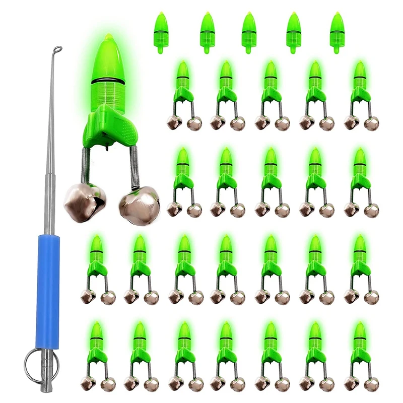 New Hot 55PCS Fishing Bells LED Night Fishing Rod Bait Alarm Bell,Night Fishing Rod Bite Bait Alarm Light With Dual Ring Bells