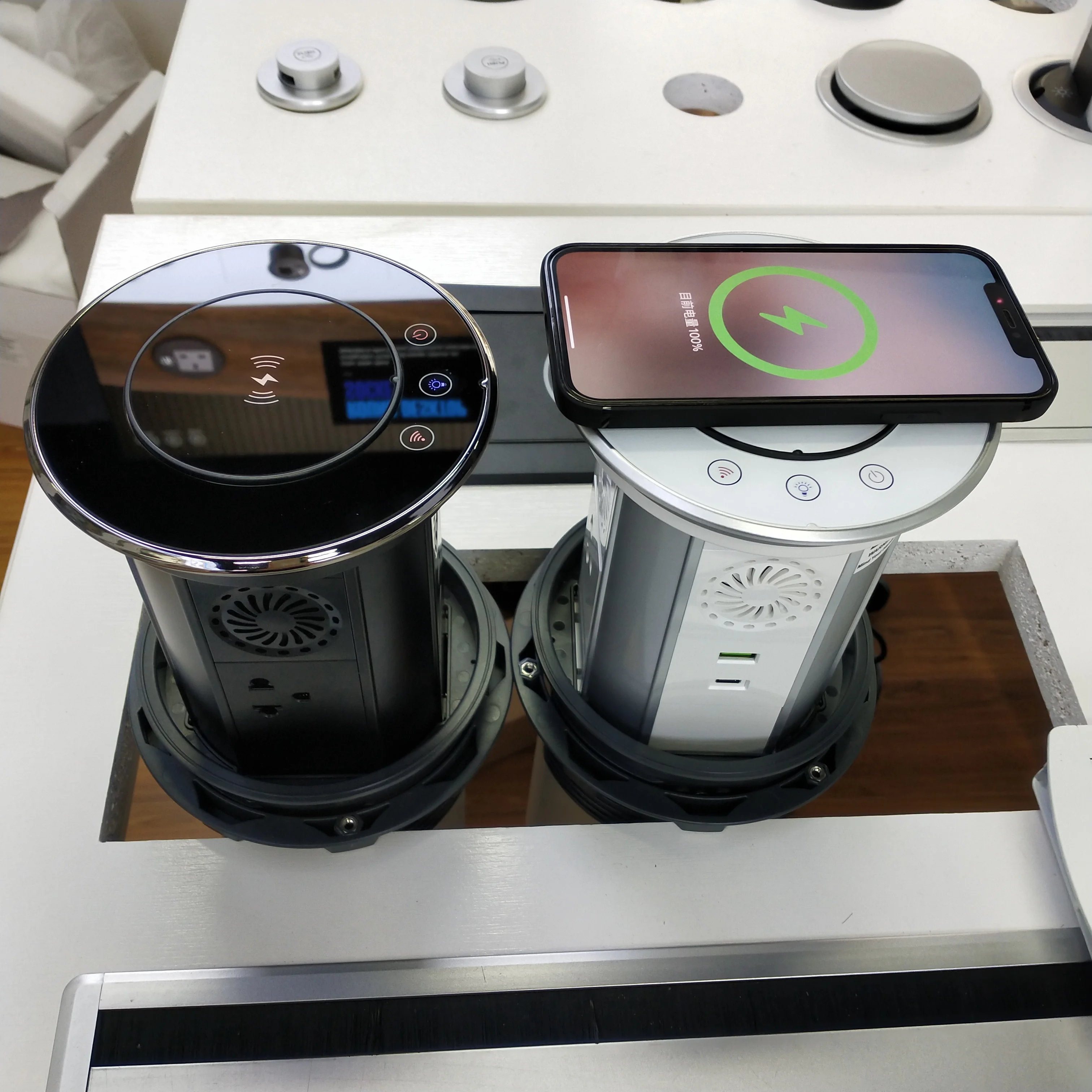 

black white New high -end 16A US power outlet IP 65 wifi smart motorized pop up kitchen home office USB-c tower led light socket