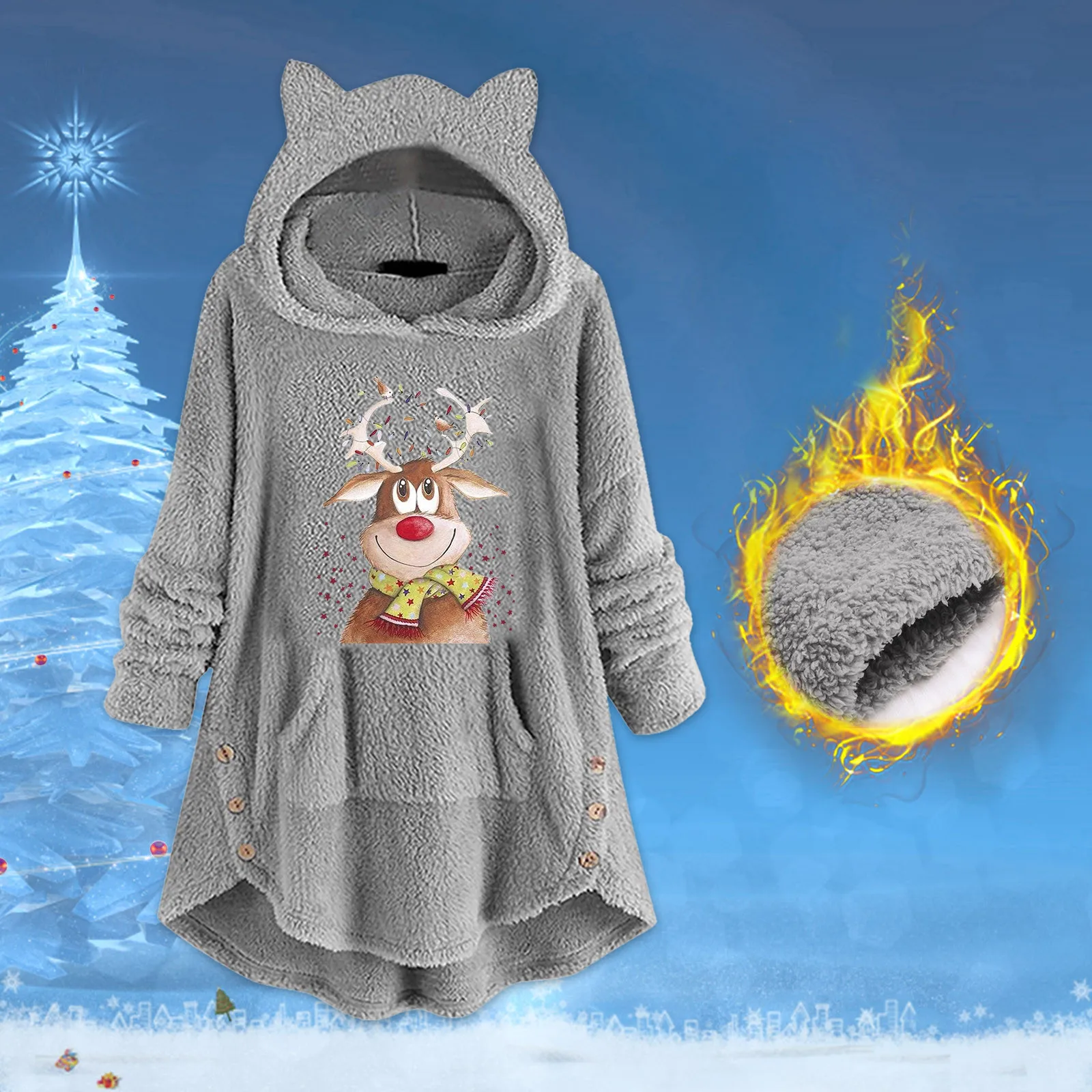 

Women's Christmas Warm Top Blouses Hooded Faux Winter Long-sleeved Top Jackets Women Casual Hoodies Women Pullover