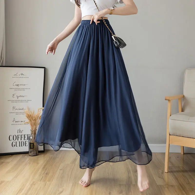 

Women 2022 Summer Fashion Pleated Chiffon Wide Leg Pants Female High Waist Drape Elegant Ankle-length Pants Skirt Trousers H28