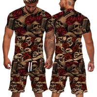 2022 summer new men casual shorts sets skull printing t shirt shorts 2 piece suit fashion sportswear tracksuit men