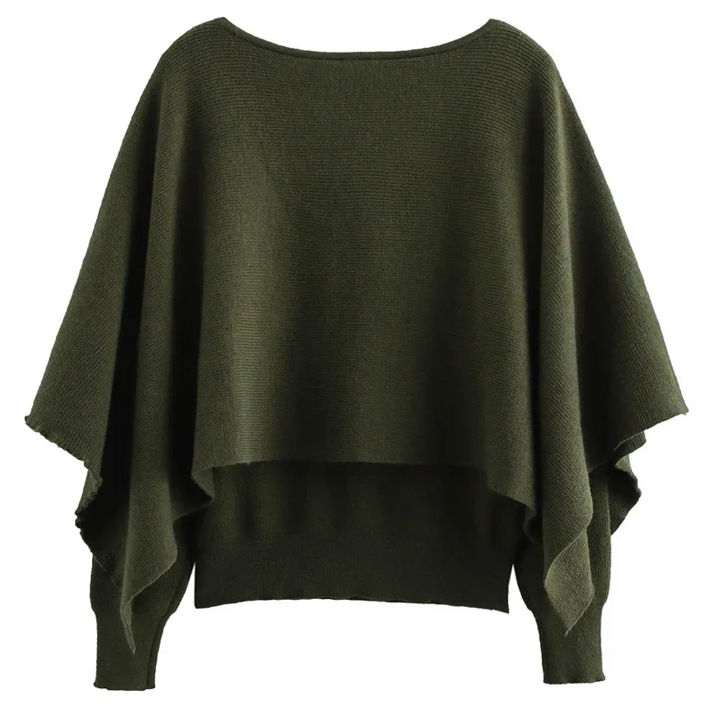 Свободный плащ TRAF пуловер женский свитер осенние новинки зеленый с круглым