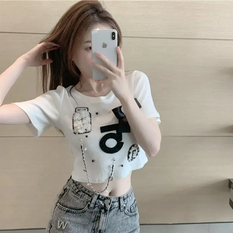 

Женская футболка с коротким рукавом и бусинами, летняя белая Повседневная облегающая футболка с круглым вырезом, базовая короткая футболка...