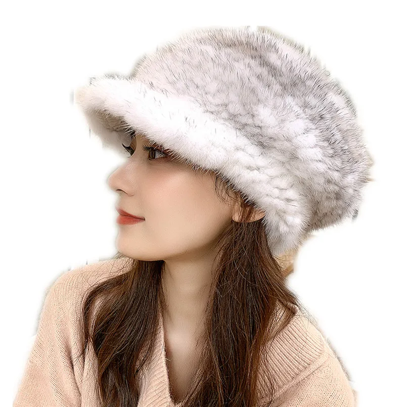 Real Mink Fur Baseball Cap Women Beret Winter Fluffy Elastic Outdoor Warm Soft Hat