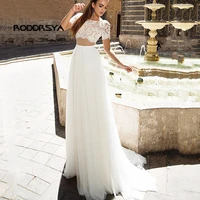 hot sale wedding dresses beach chiffon lace top short sleeves floor length bridal gowns a line backless sweep train