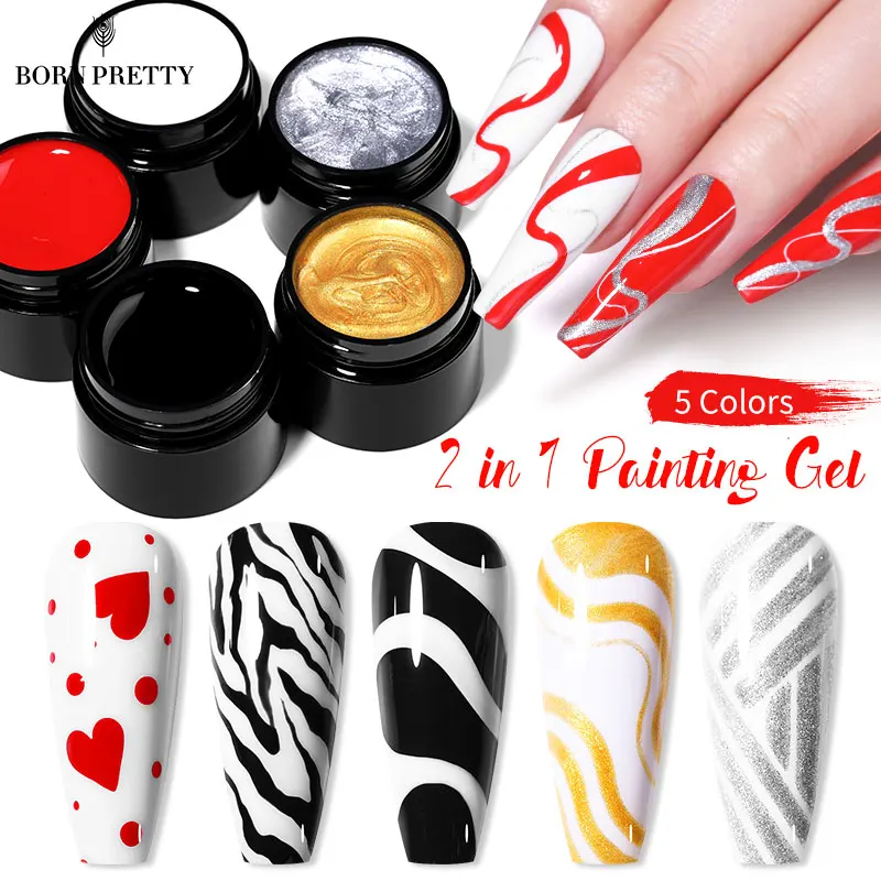 BORN PRETTY 5ml 2 In 1 Nail Painting Gel Black White Red Nail Drawing Gel Long Lasting Soak Off UV LED Nail Design Gel Varnish