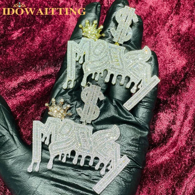 

Iced Out Money Letters Pendant Crown Dollar Sign Full Paved Cubic Zircon CZ Charm Necklace Hip Hop Bling Mens Cool Jewelry