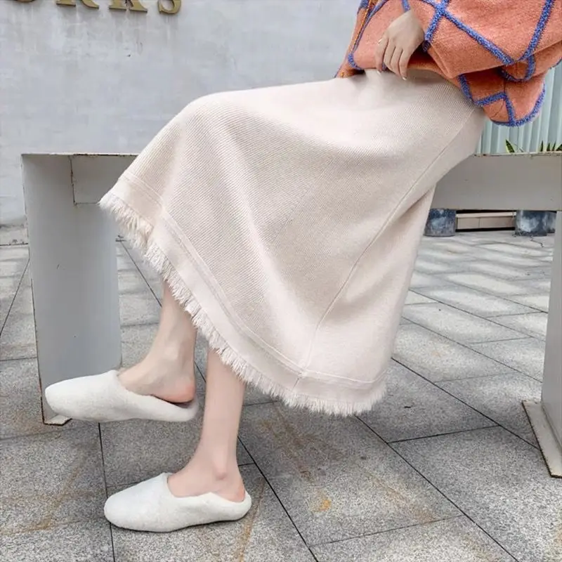 

2022 New Arrival Autumn Korean Style Women Loose Casual A-line Skirt All-matched Mid-calf Knitted High Waist Skirts P436