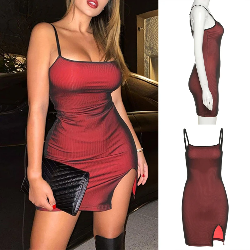 

Mesh Double Layer Sexy Skinny Dress Women Sleeveless Party Bodycon Bandage Elastic Split Trend Clubwear Slim Outfit