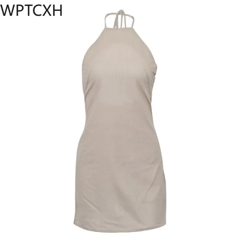

2024 New Summer New Cotton Hemp Dress Backless Sexy Spice Girls Halter Halter Lace-up A-line Skirt Design Sense Dress Commuter