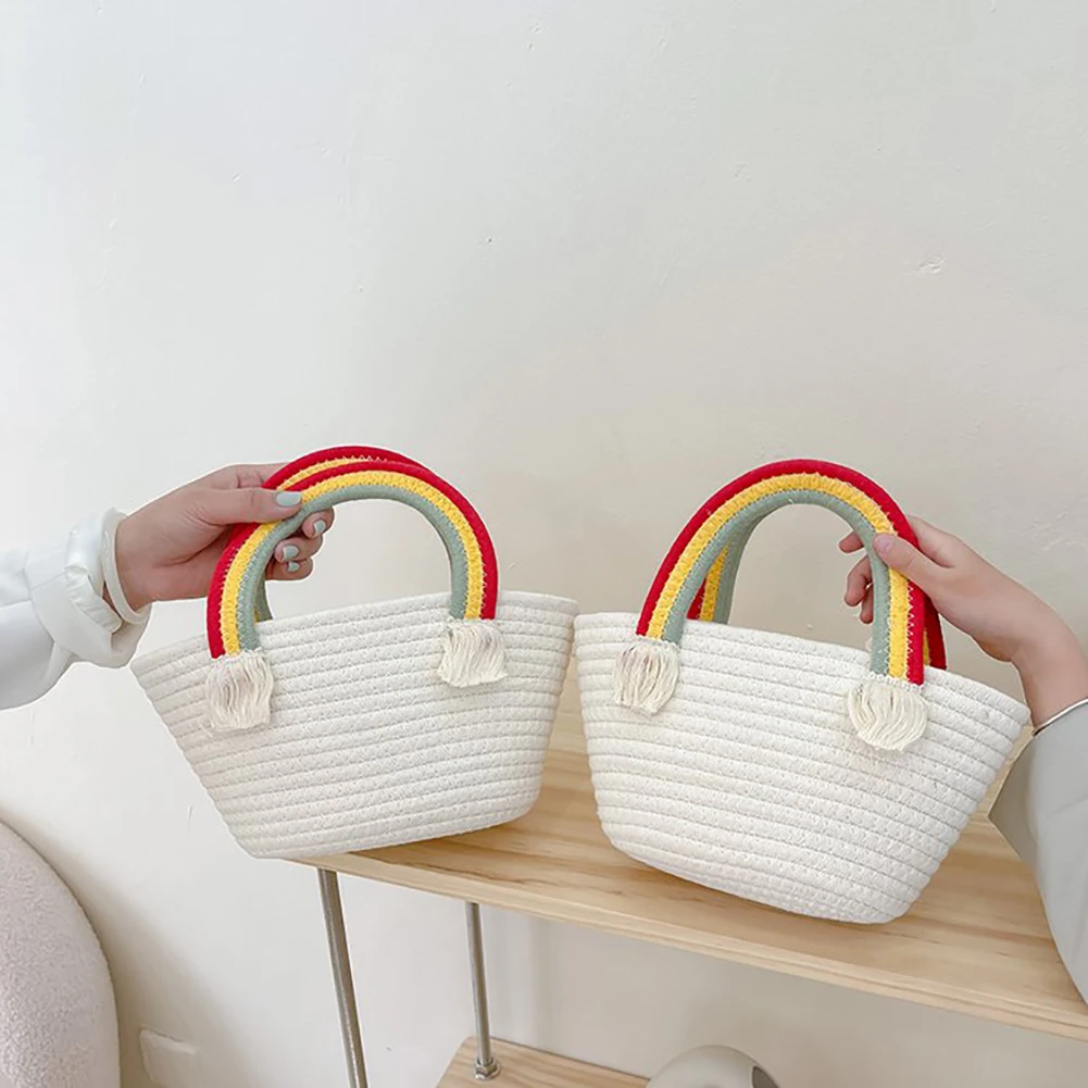 

Cute Rainbow Cloud Mini Handbag Cotton Rope Female Seaside Beach Small Basket Mobile Phone Snack Summer Bag