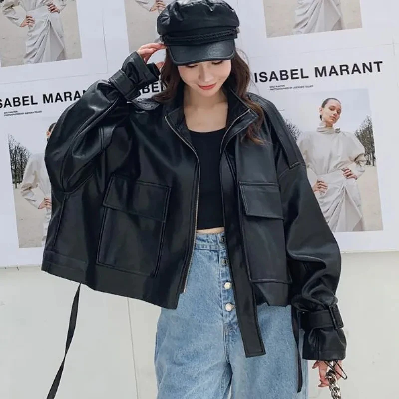 

GIDYQ Black Biker Pu Leather Jacket Women Y2k High Street Pockets Korean Fashion Loose Basic Stand Collar Students Chic Coat