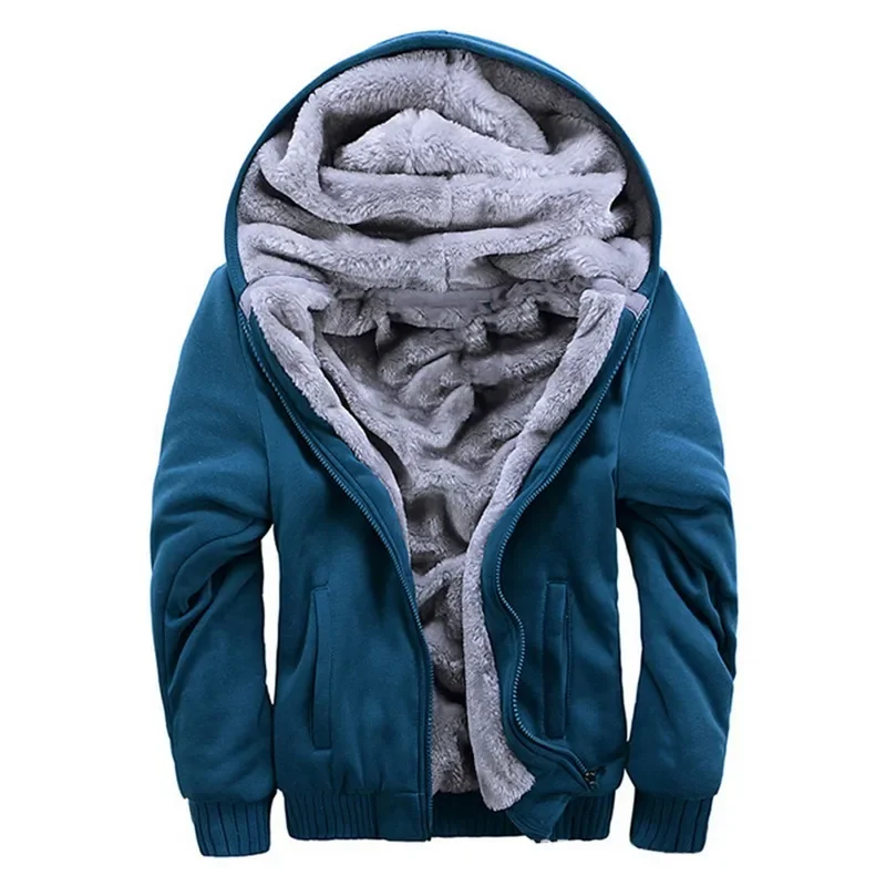 

Men's Winter Thick Warm Jacket New Solid Color Fleece Zipper Hooded Fleece Long-Sleeved Thick Coat Men's Solid Color Par