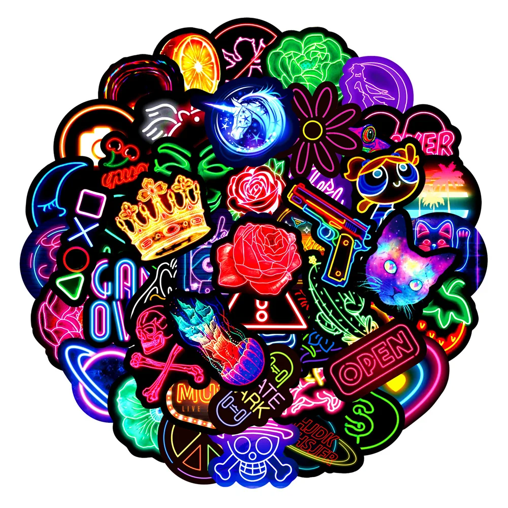 

10/30/50PCS Cartoon Neon Style Personality Sticker for Luggage Laptop IPad Gift Journal Guitar Waterproof Sticker Wholesale