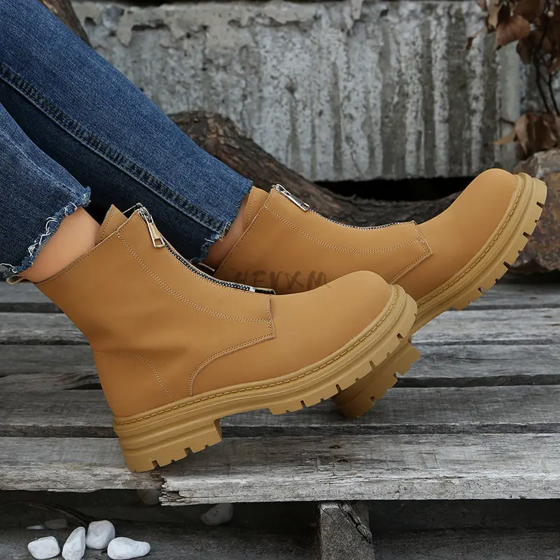 Zipper Chunky Platform Women's Boots Spring and Autumn 2023 black Boots Women Round Toe Ankle Boots for Women Boots