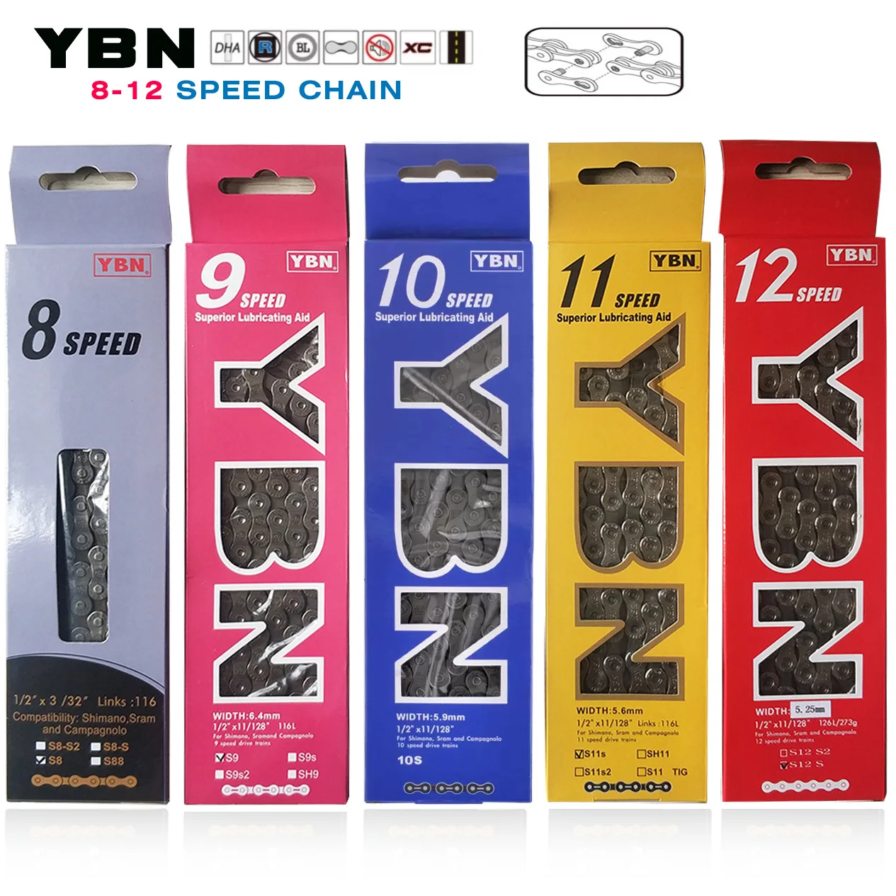 

YBN MTB Road Bike Accessories Parts 8S 9S 10S 11S 12S Speed Boxed 116 Links Bicycle Chain Hollow Out Lightweight High Strength