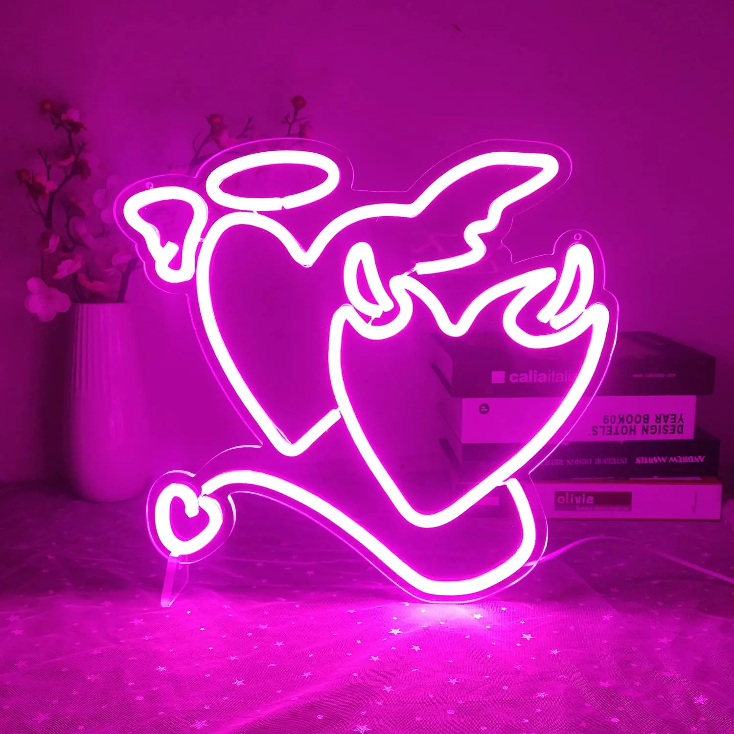 Pink Neon Sign Angel Demon Neon Signs Heart Neon Signs for Bedroom Wedding Neon Light Sign for Wall Bar Living Room Decoration