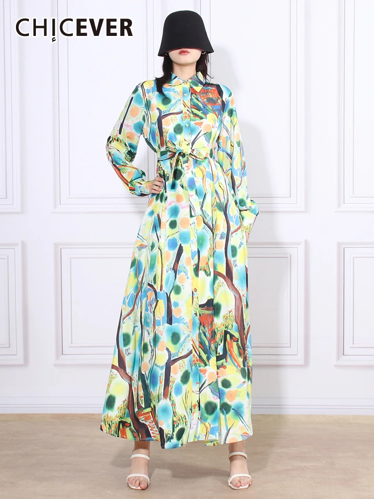 

CHICEVER винтажные Лоскутные Платья На Шнуровке Для женщин с отворотом, длинным рукавом, высокой талией, однобортное Платье с принтом, цветное платье для женщин