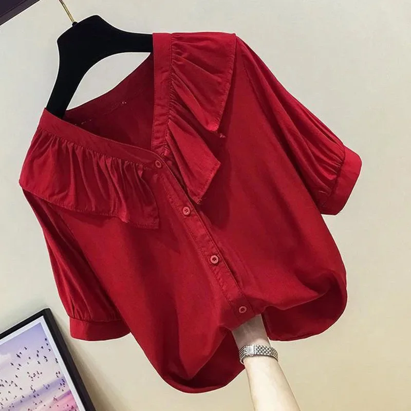 Elegant V-Neck Solid Color Spliced Folds Ruffles Shirt Female Clothing 2023 Summer New Casual Tops Loose Sweet Blouse
