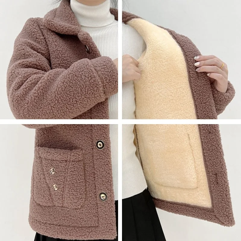 2023 New Thick Fleece Winter Single Breasted Lamb Fur Women's Coat Mom Wear Lapel Pocket Imitation Fur Warm Casual Jacket Female images - 6