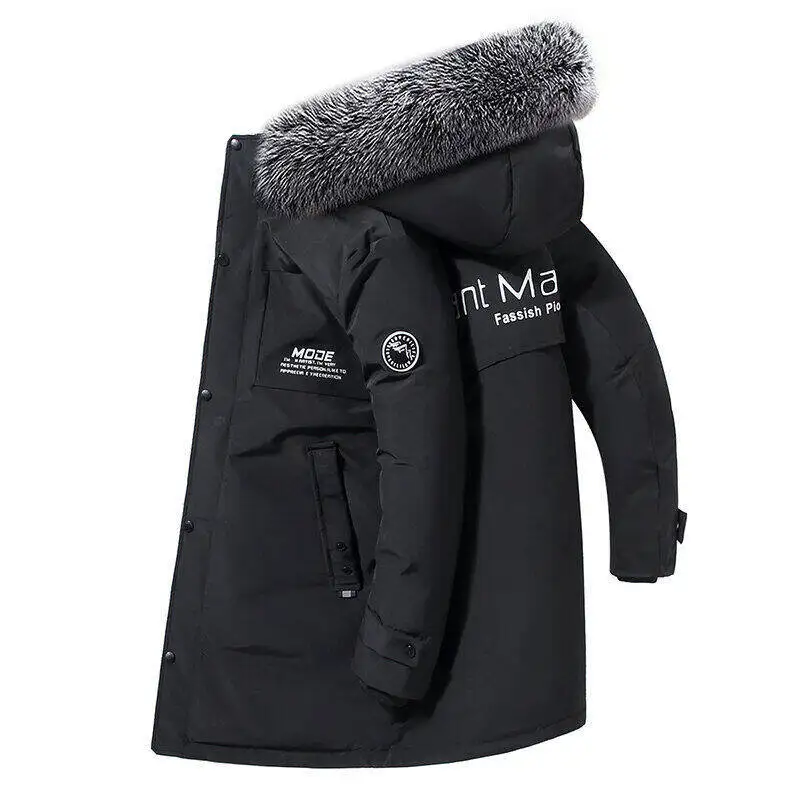Winter down jacket casual plush long hooded large fur collar men's thick white duck down coat