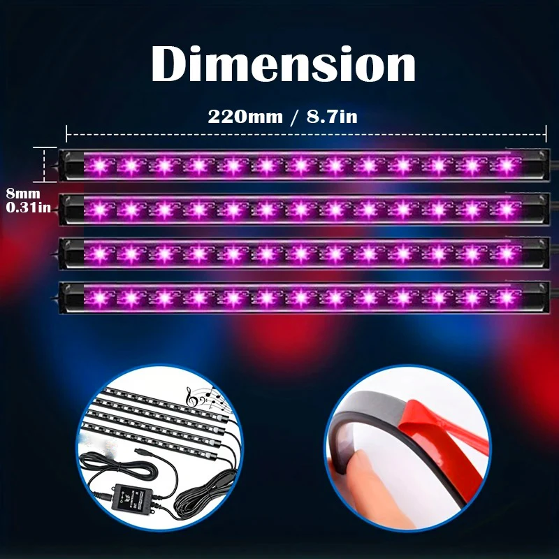 Комплект из 4 светодиодных светильников для салона автомобиля - RGB, питание от USB, красочные подсветки для ног с синхронизацией с музыкой для улучшения атмосферы, Рождество (art.: 3920dab2dcb4b) - 3920dab2dcb4b