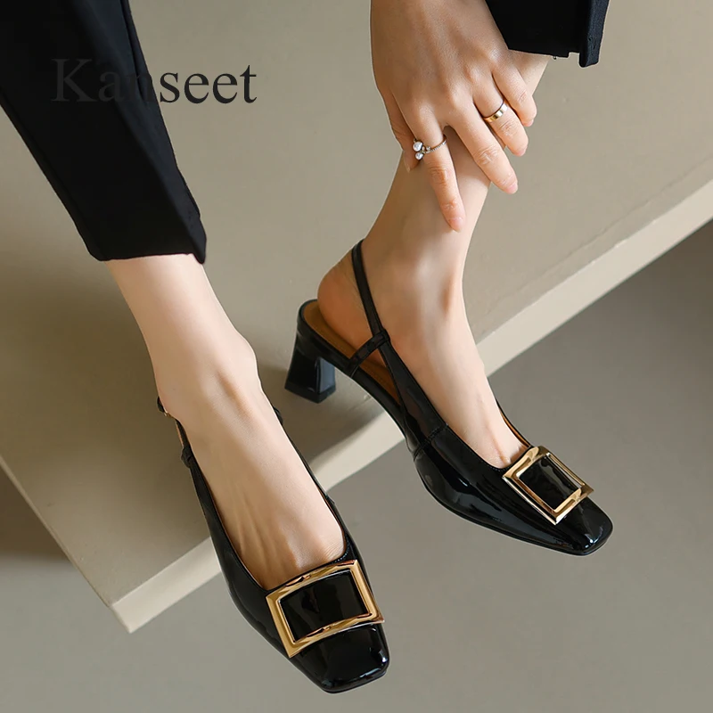 

Новинка лета, женская обувь Kanseet из овечьей лакированной кожи с квадратной пряжкой, классическая женская обувь на среднем каблуке, размер 41
