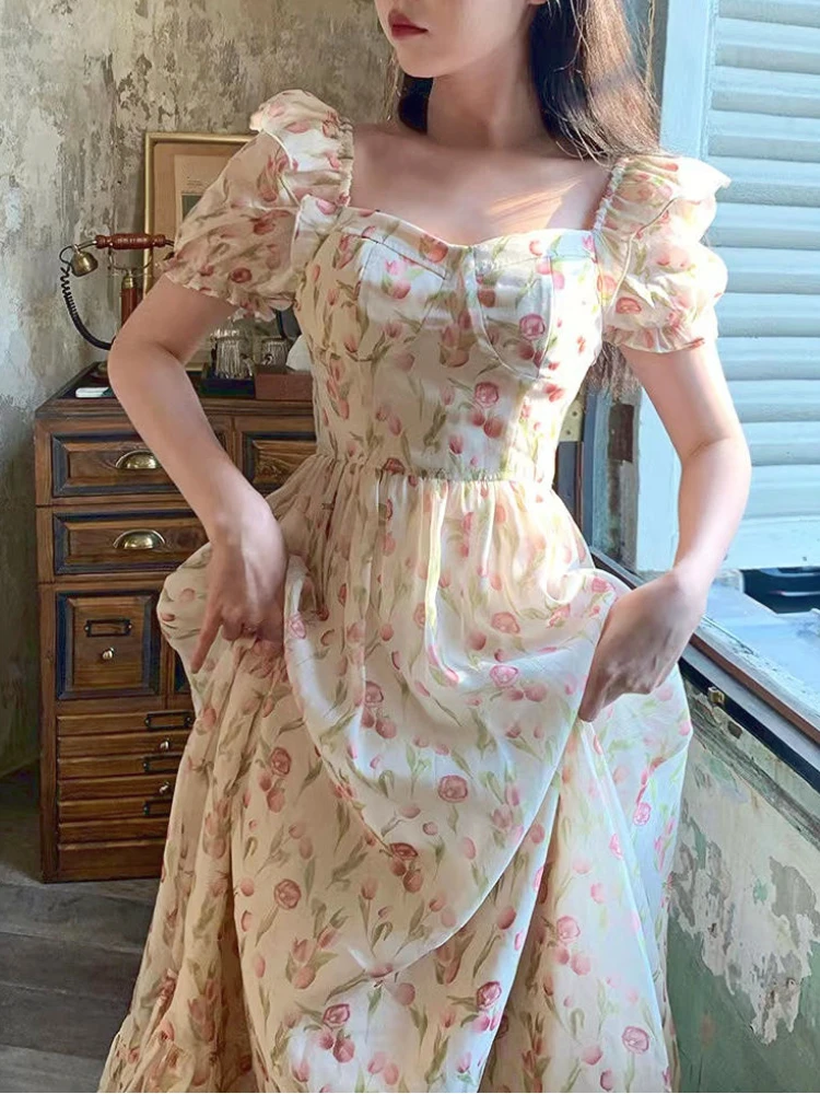 Летнее элегантное платье с цветочным принтом женское французское винтажное