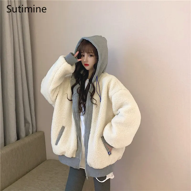 Winter Coat Office Lady Pockets Lamb Wool Splicing Cotton Coat Women Cashmere Cotton Coat Zipper Hooded Winter Clothes Women