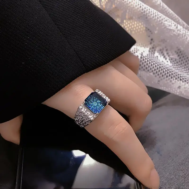 

HOYON Heavy industry texture blue zircon ring for women ins exaggerated opening female irregular female trendy index finger ring
