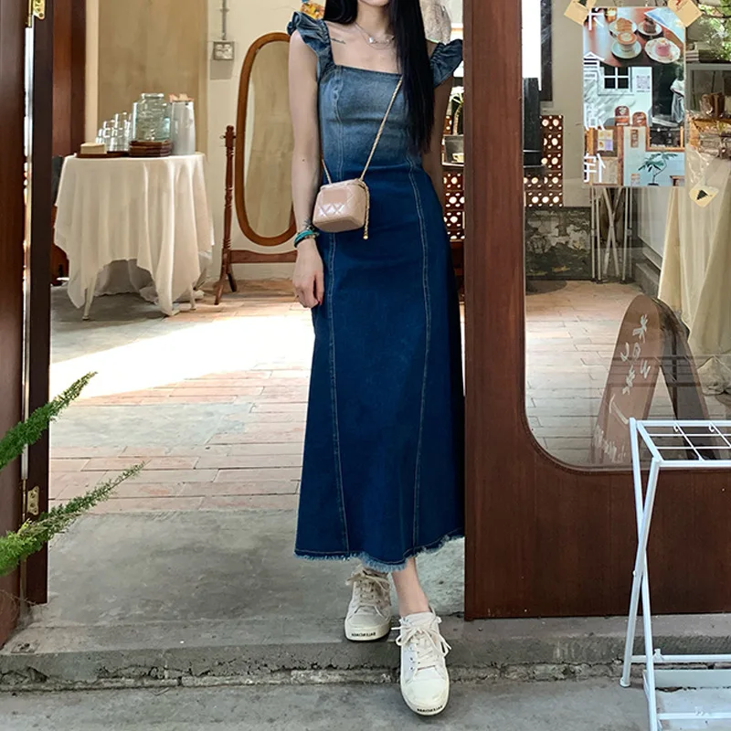 

Gradual Change Denim Suspender Dress Women's Summer New Small Flying Sleeve Tucked Waist Retro Eraser Long Skirt 2023 Square