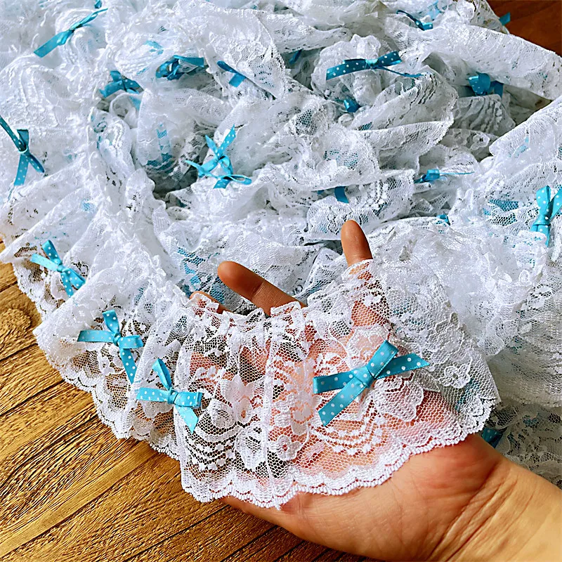 

8cm Wide White Embroidered Pleated Sky Blue Bow Applique Lace DIY Children's Clothing Fluffy Dress Skirt Extended Hem Decoration