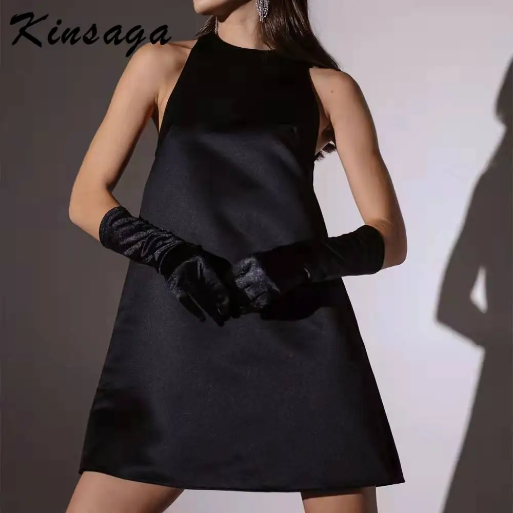 

Elegant Fashion Sleeveless Satin Silk Mini A-line Dress Women Korean Crew Neck White Ball Gown Vestido Female Party Club Dresses