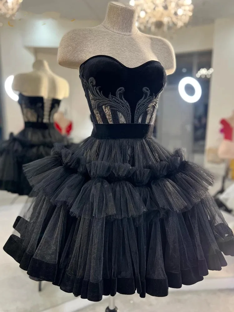 

2023 Sexy Live Shooting Small Black Short Back to School Dress Lace Exposed Mini Party Dress Tulle Dress Gothic Graduation Dress