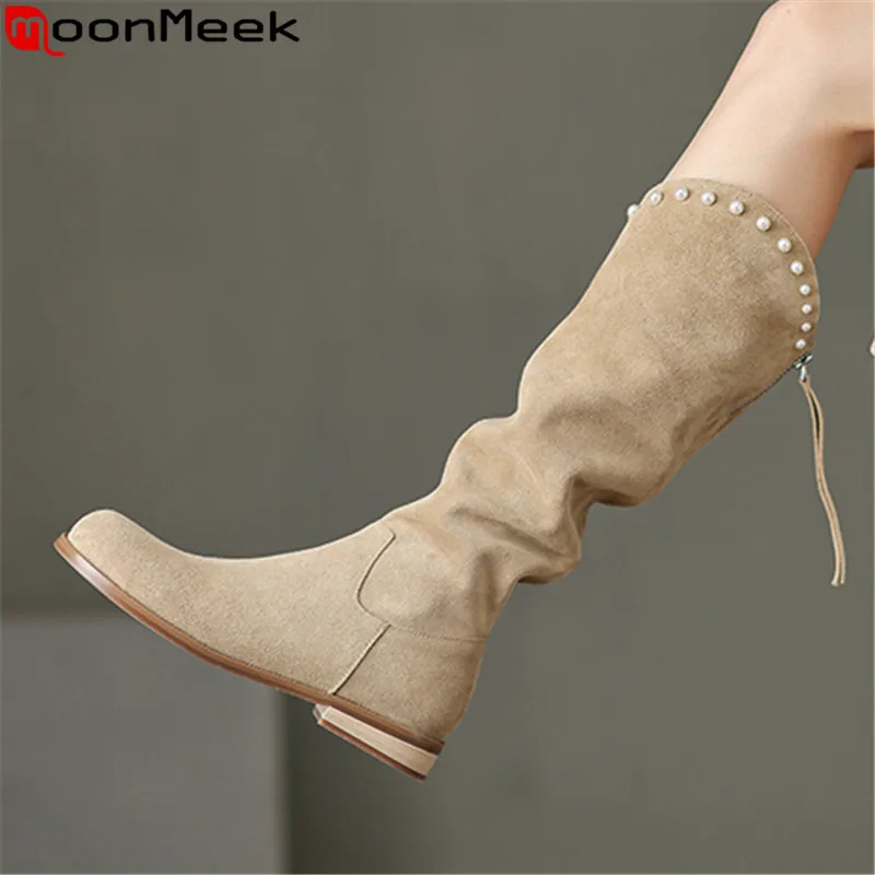 

MoonMeek 2023 New Cow Suede String Bead Knee High Boots Ladies Winter Shoes Zipper Square Low Heels Women Boots