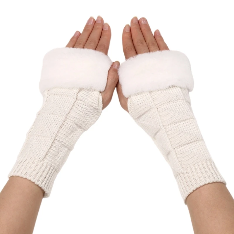 

Autumn Winter Thumbhole Arm Warmers Furry Typing Gloves All-matching Knit Arm Sleeves Long Fingerless Mittens for Women