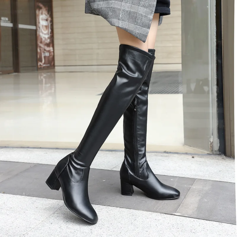 Sexy Fashion Knee High Boots Women Winter Boots Square Heel Long Boots Square Toe Zipper Autumn Female Boots Large size
