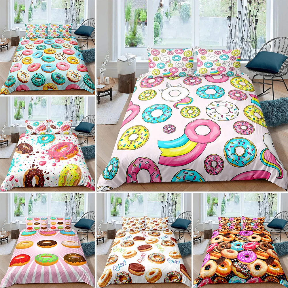 

Doughnut Theme Bedding Set 2/3pcs Full Twin Size Microfiber Pink Donuts Quilt/Comforter Cover For Girls Bedroom Dessert Decor