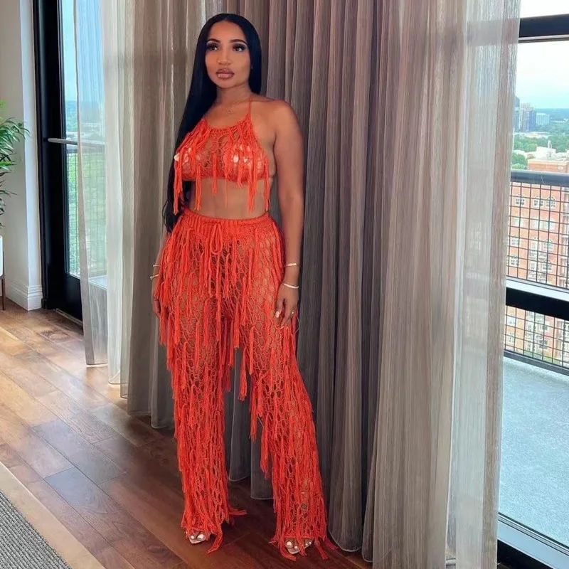 Комплект из 2 предметов вязаный с кисточками топ открытой спиной широкие штаны