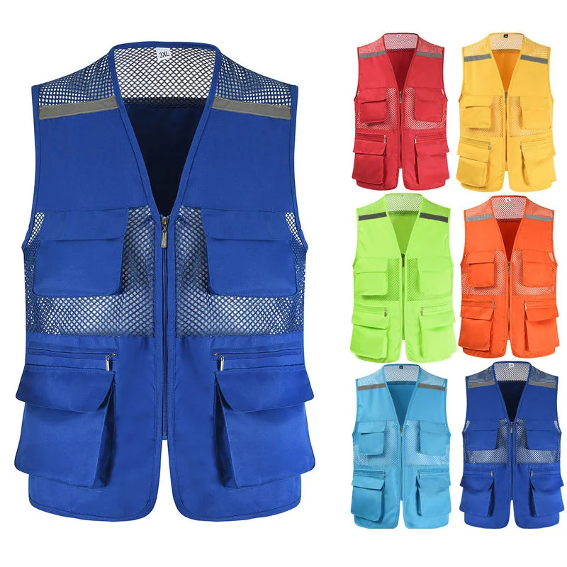 

Men's Mesh Work Vest With Multi-Pockets Outdoor Breathable Vest Engineer Workwear with Reflective Stripes for Night Fishing