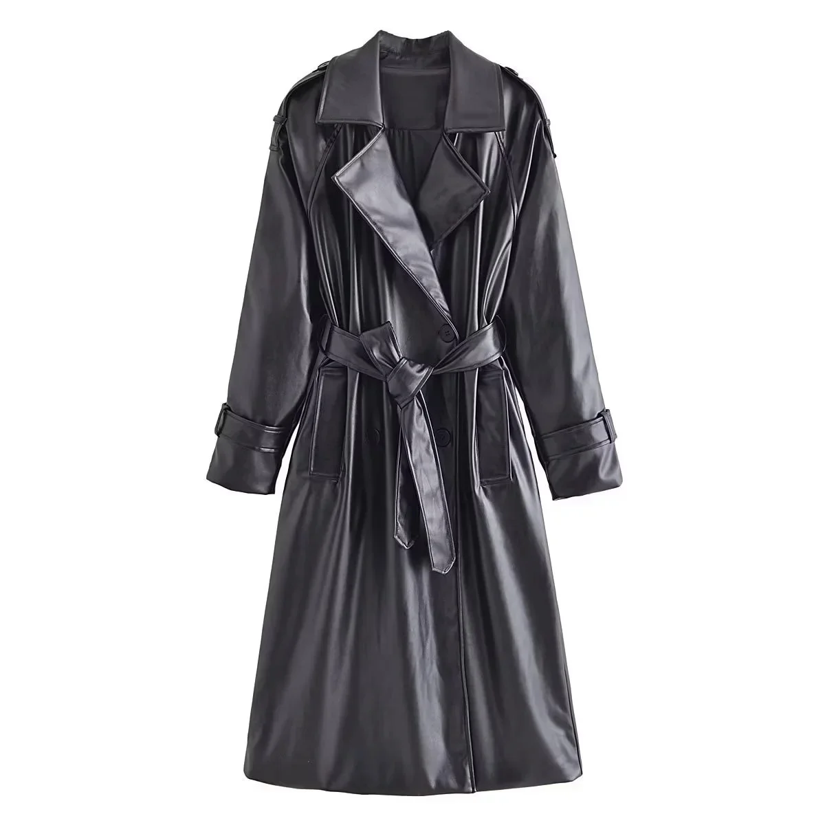 

Women New Fashion With Belt artificial leather Trench Coat Vintage Long Sleeve Pockets Female Outerwear Chic Overcoat