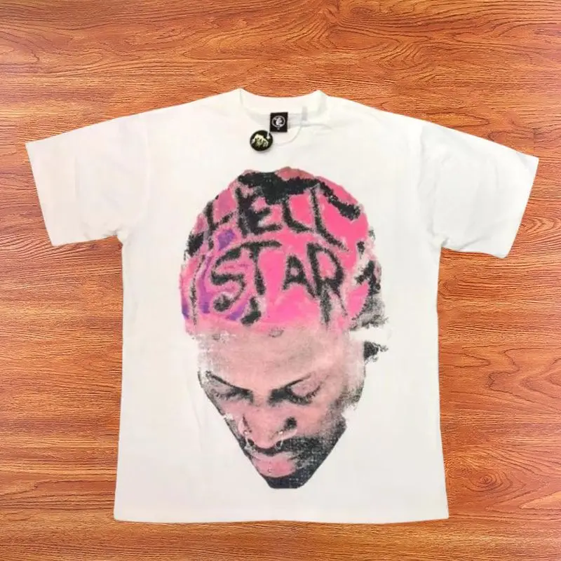 

Rock Hip Hop Hellstar Studios Tshirts Portrait Bald Colored Letter Print Short Sleeve Oversized Vintage T-Shirt for Men Women
