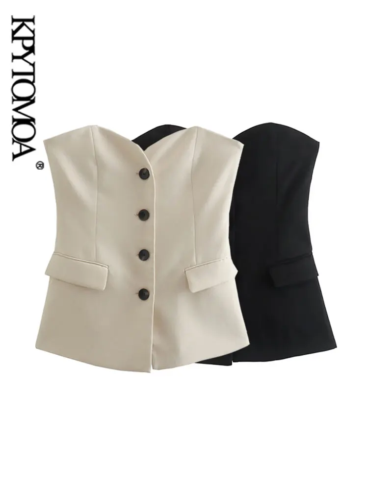 

KPYTOMOA женский модный бюстье без бретелек с пуговицами спереди, винтажный женский топ без рукавов с милой шеей