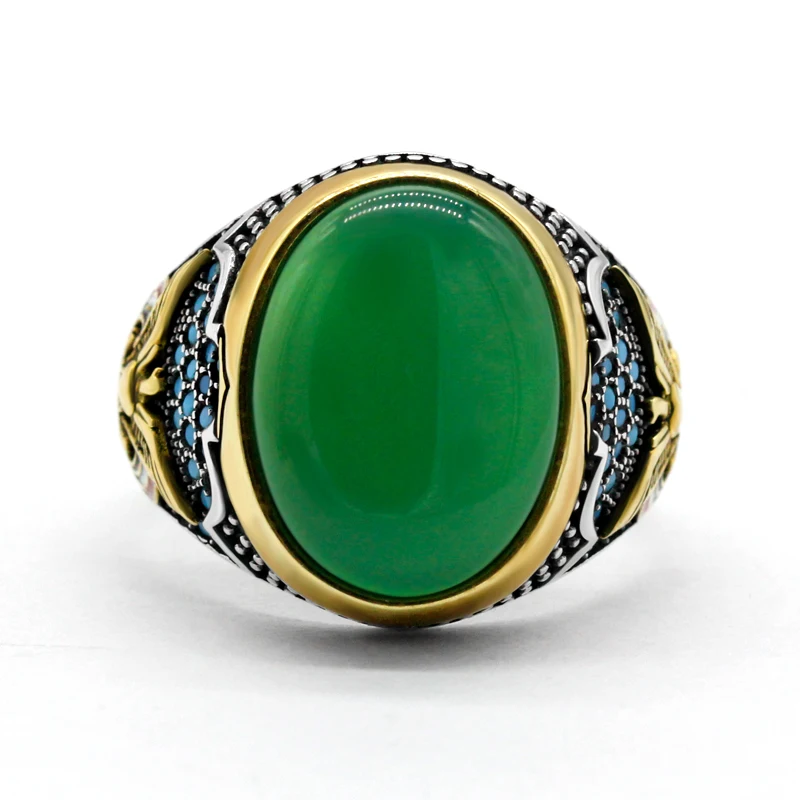 Кольцо мужское из зеленого агата с крупным натуральным камнем в стиле ретро панк из серебра 925 пробы. Мужчины No. 7-13.