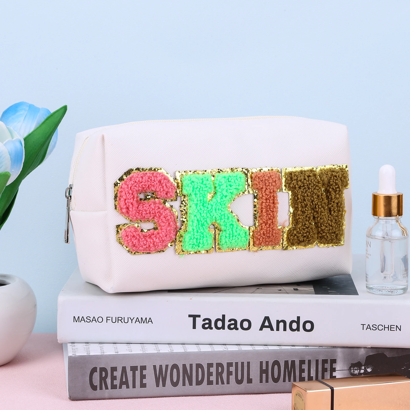 

2PCS Cosmetic Bag Easy To Clean PU Leather Waterproof Skincare Organizer Large Opening Design Chenille Letters for Women Girls