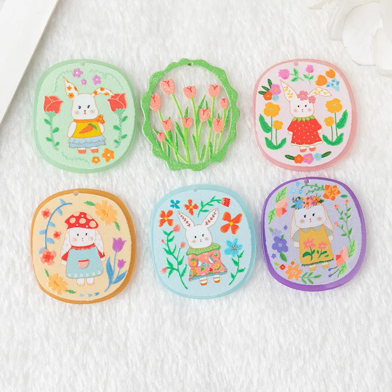

New style 50pcs/lot color animals rabbits/flowers print geoemtry ovals shape acrylic beads diy jewelry accessory