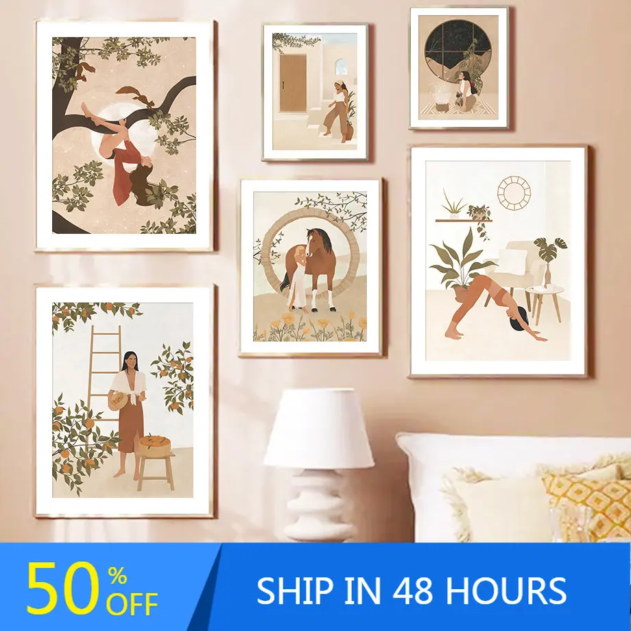 

Boho Beige Home Woman Yoga Horse Forest Wall Art Canvas Painting Nordic Posters And Prints Wall Pictures For Living Room Decor